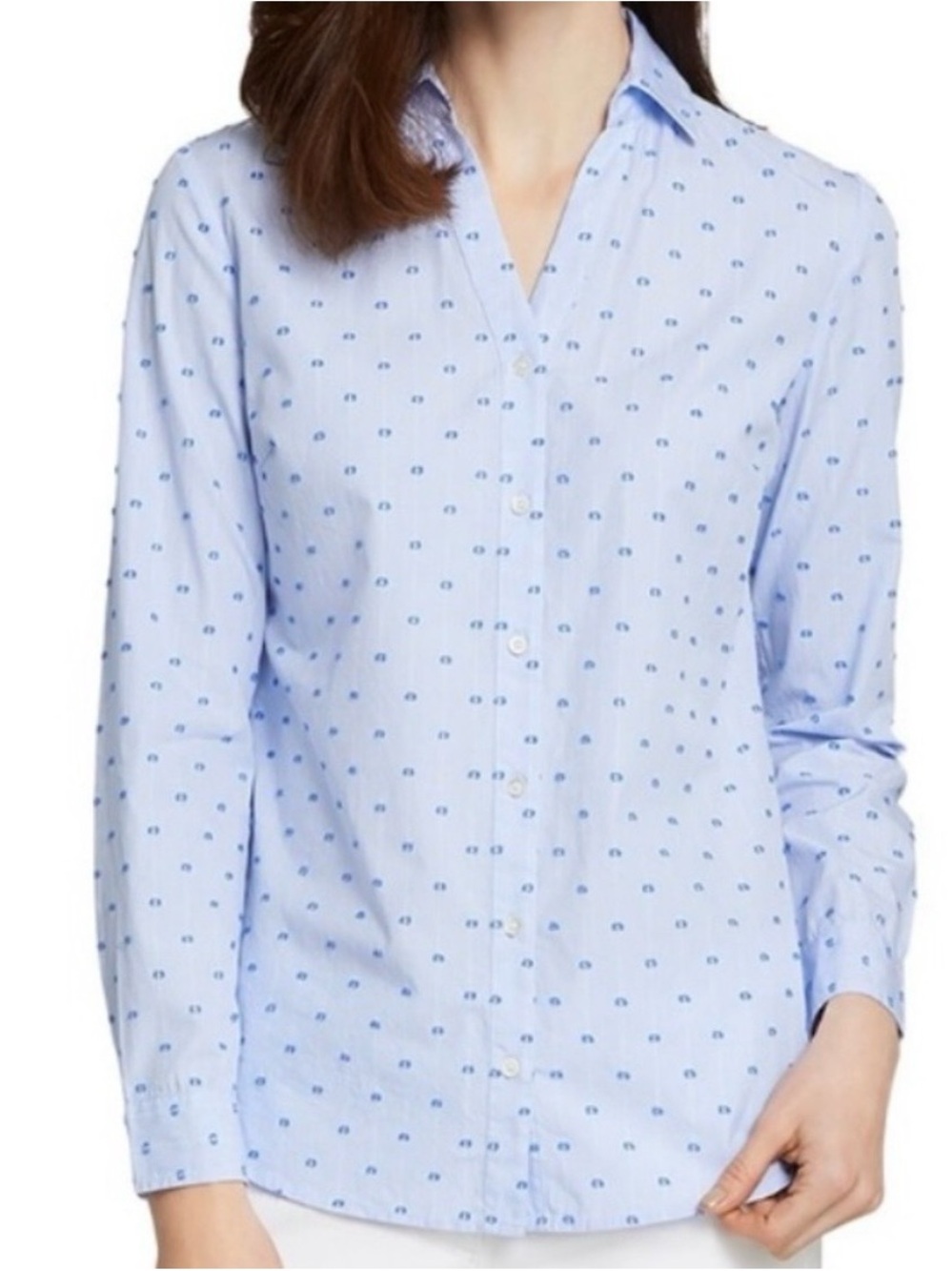 J McLaughlin Blue Navy Dot Print Button Down Blouse Boho Coastal Womens M